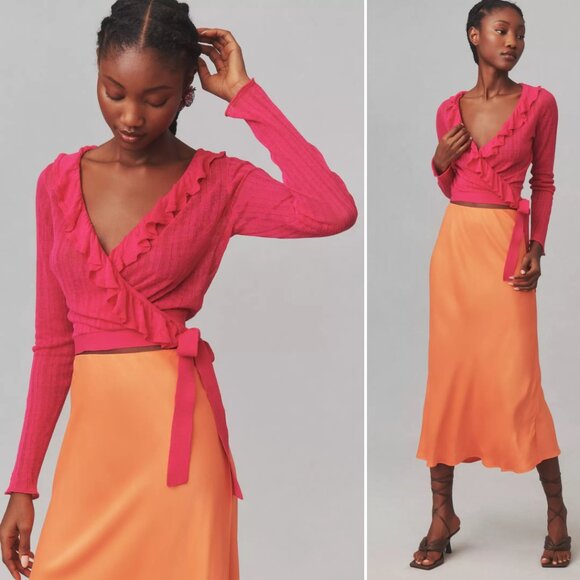 Anthropologie Sweaters - Anthropologie Maeve Linen Ruffled Wrap Cardigan Sweater size M pink new nwt